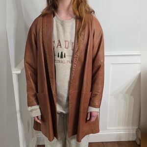 Vintage Soft Leather Patina Swing Coat w/Whipstitch Detailing Boho Hippie. S